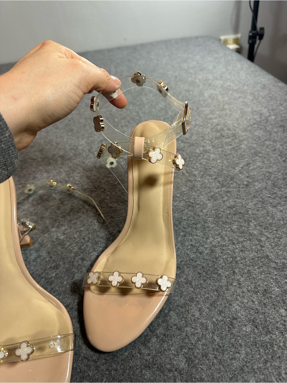 Windsor Nude Clear Strap Heels with Floral Accents